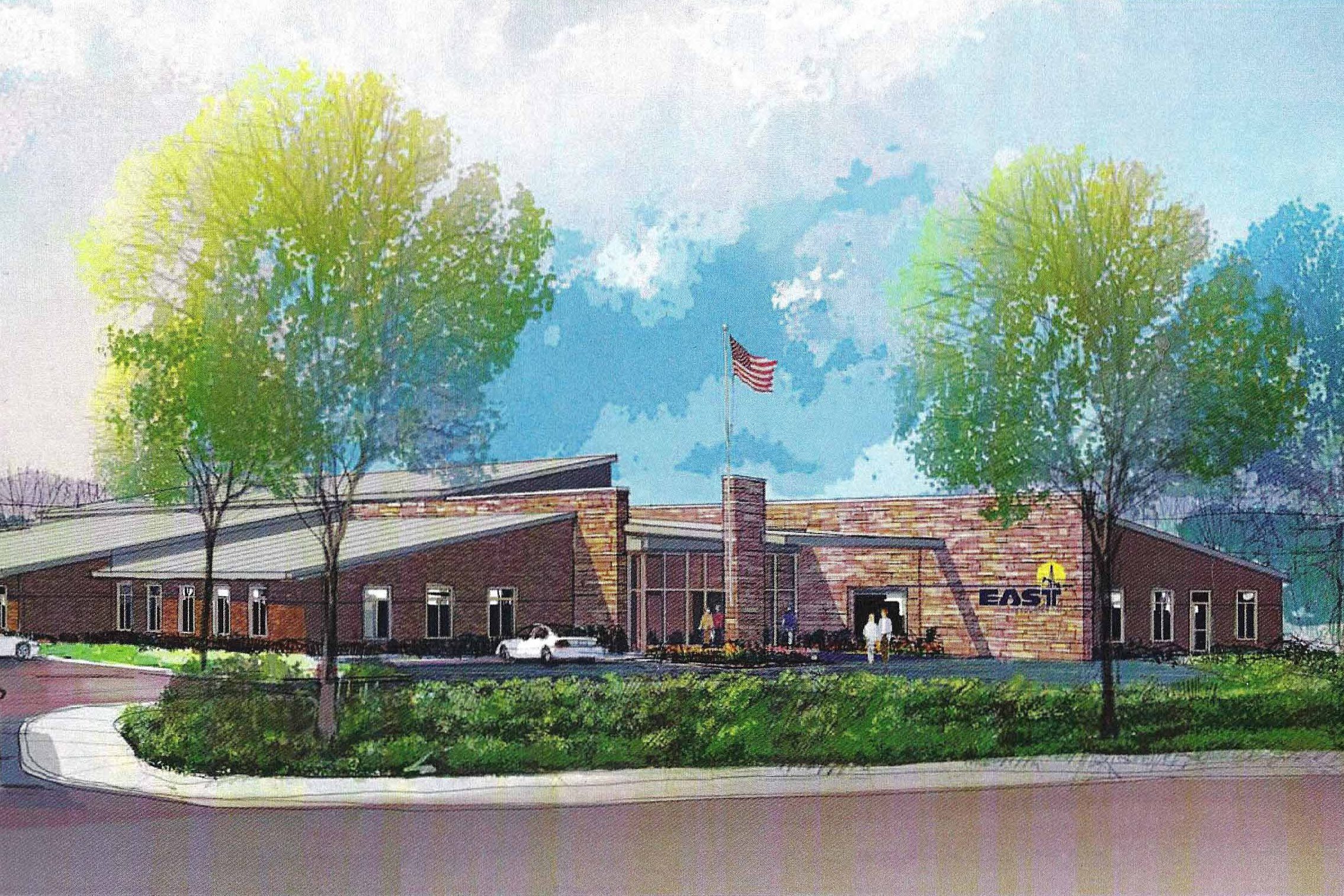 Architectural rendering of a modern single-story building with prominent entrance and flagpole.